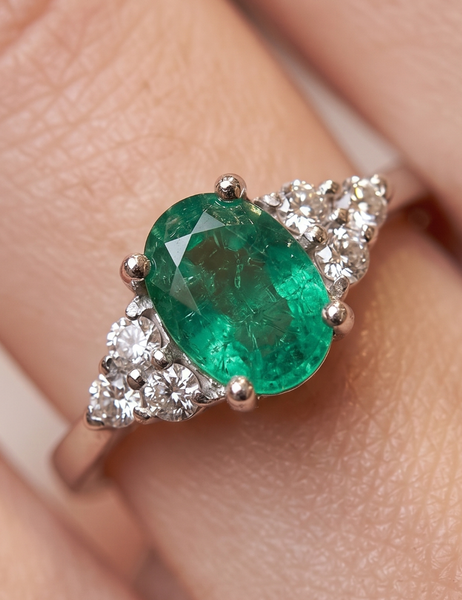 0.11 Karat Pırlantalı Oval Zümrüt Yüzük PY068 resmi