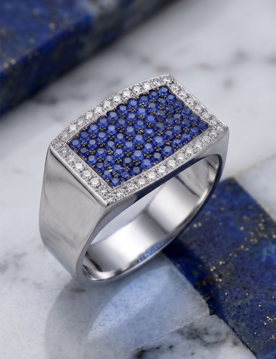0.40 Karat Pırlanta 1.10 ct Safir 18 Ayar Altın Erkek Yüzüğü resmi