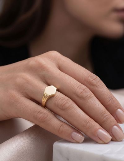 14K Altın Altıgen Parlak Chocolate Yüzük 4Y28111 resmi