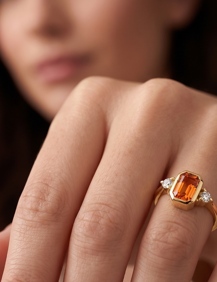 0.29 Karat Baget Citrin 0.03 Karat Pırlanta Yüzük resmi