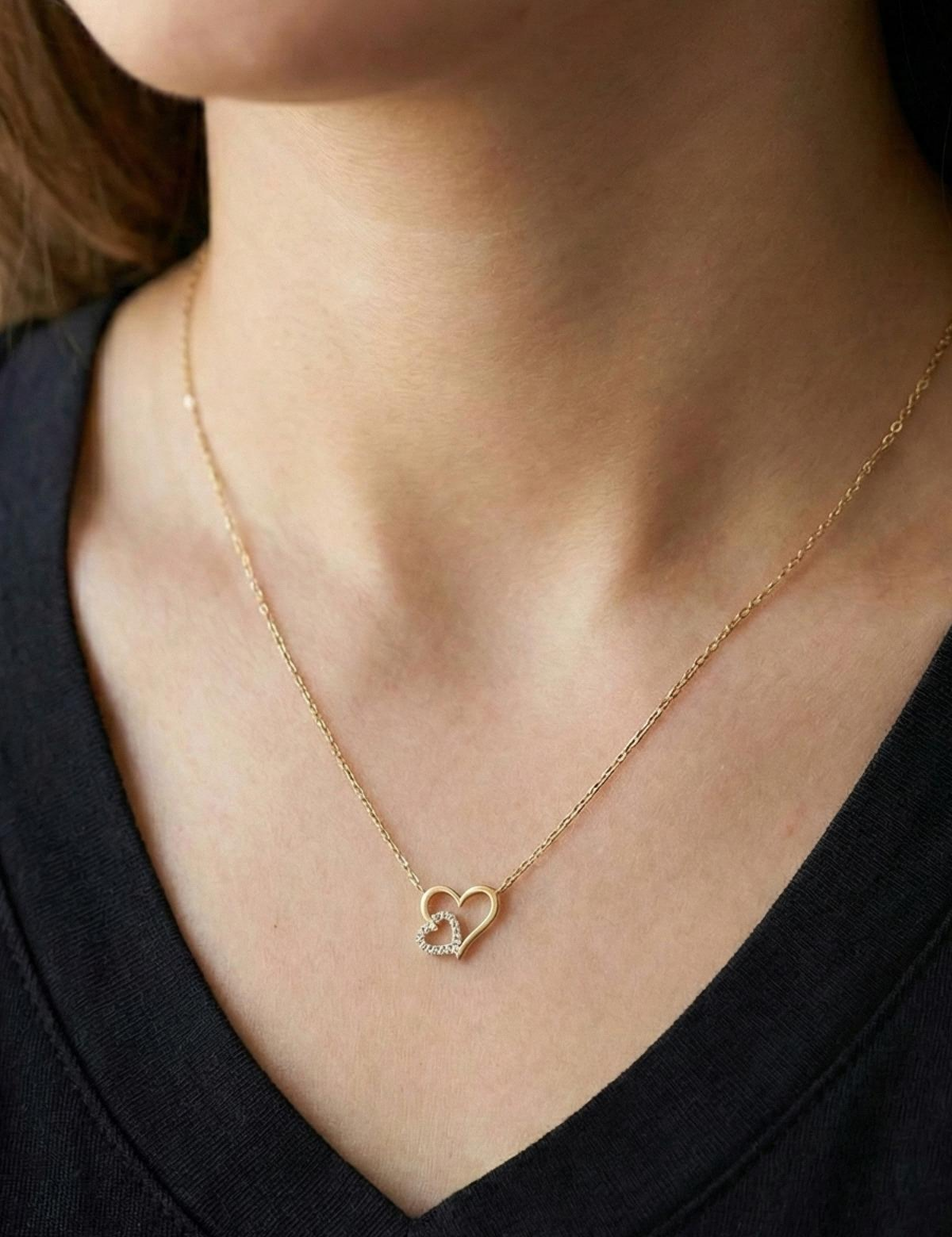 14 Ayar Altın Çift Kalp Kolye resmi