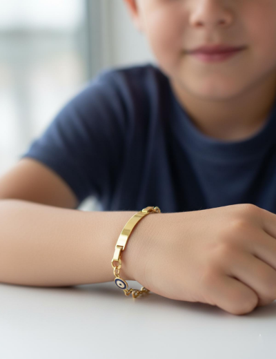 Göz Mineli Nazarlık Altın Çocuk Künye Bileklik resmi