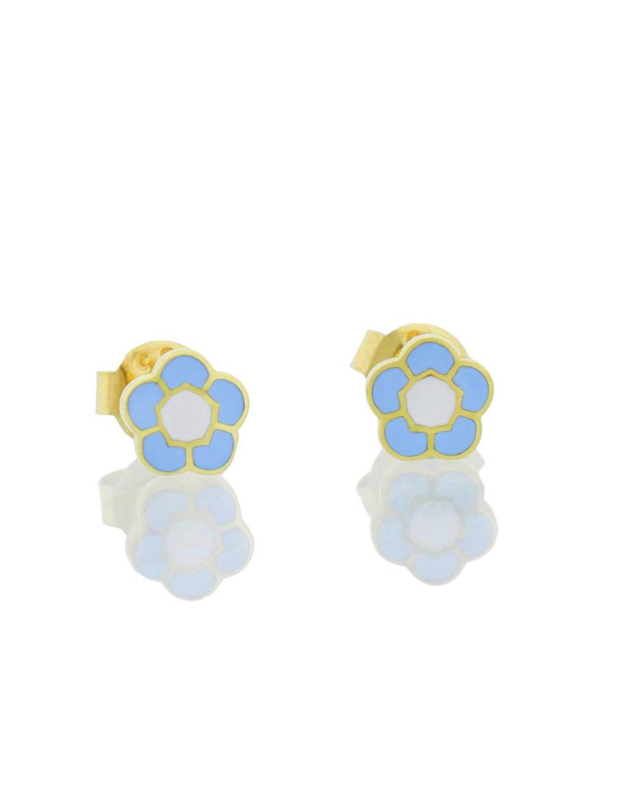 Mavi Çiçek Çivili Altın Çocuk Küpe resmi