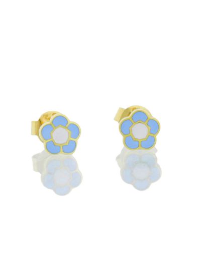 Mavi Çiçek Çivili Altın Çocuk Küpe resmi