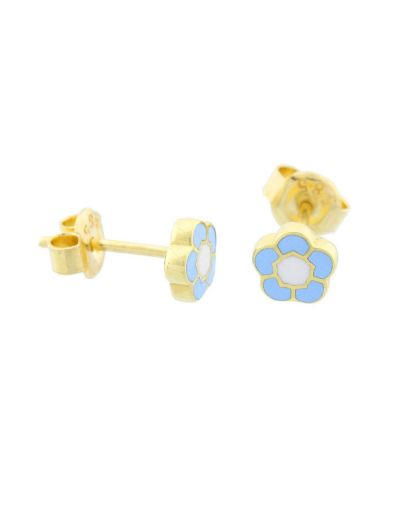 Mavi Çiçek Çivili Altın Çocuk Küpe resmi