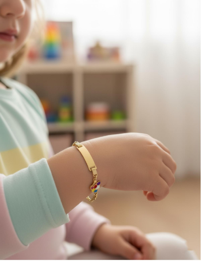 Balonlu Dörtgen Plaka Altın Çocuk Künye Bileklik resmi