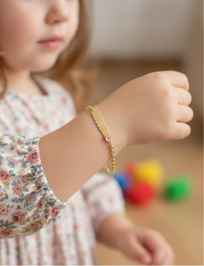 Pembe Nazar Boncuk Altın Çocuk Künye Bileklik resmi