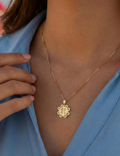 14 Ayar Altın Çift Kat Kalp Yonca Kolye resmi