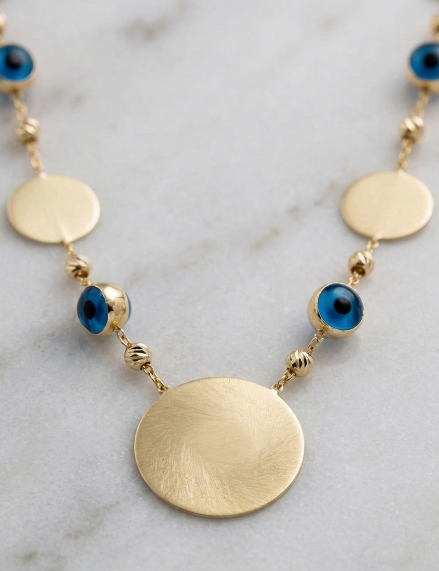 14 Ayar Altın Yuvarlak Plaka Nazar Kolye resmi