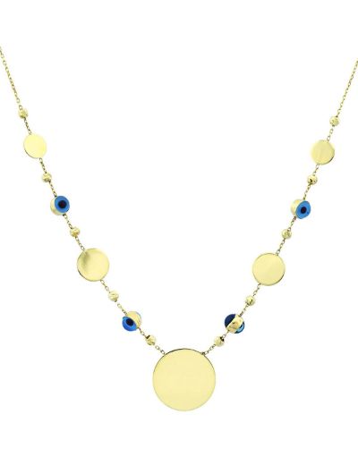 14 Ayar Altın Yuvarlak Plaka Nazar Kolye resmi