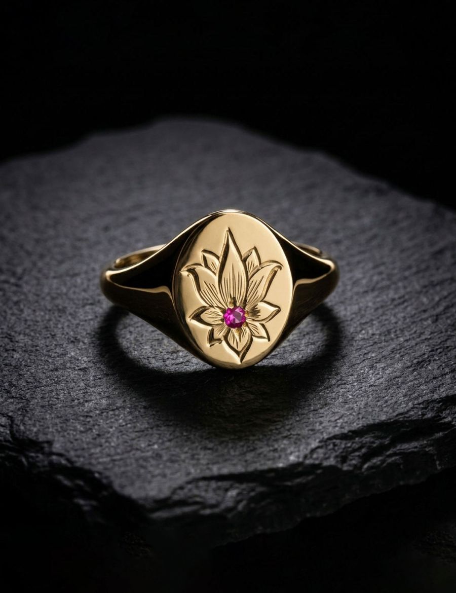 Yakut Taşlı Lotus Çiçeği Altın Yüzük resmi