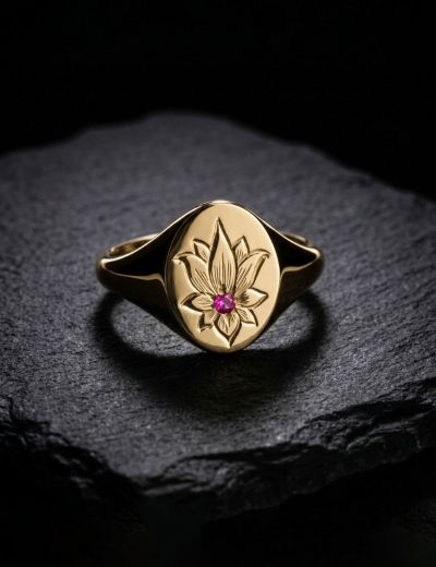 Yakut Taşlı Lotus Çiçeği Altın Yüzük resmi