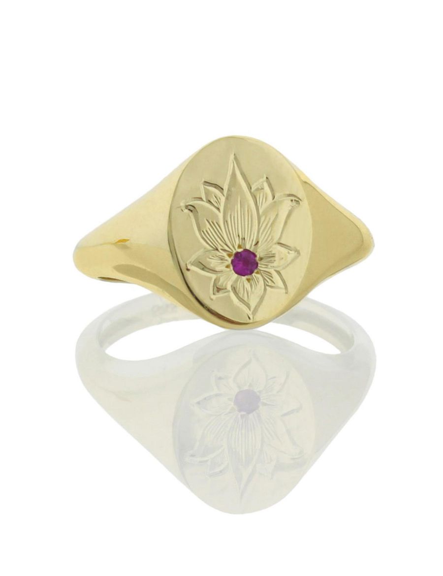Yakut Taşlı Lotus Çiçeği Altın Yüzük resmi