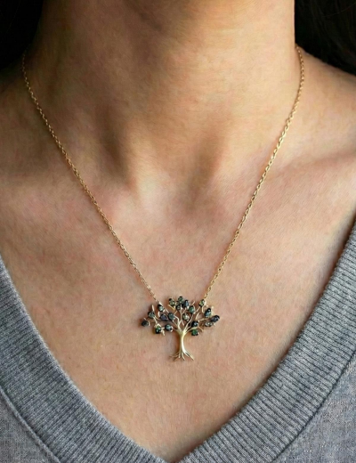 Renkli Doğal Taşlı Hayat Ağacı Kolye resmi