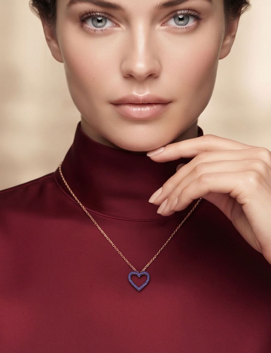 Doğal Safir Taşlı Sevgi Kalp Rose Gold Kolye resmi