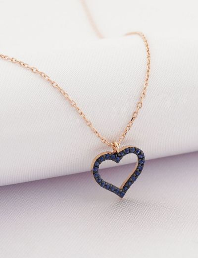 Safir Taşlı Sevgi Kalp Rose Gold Kolye resmi