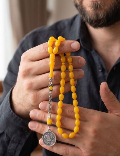 Tuğra Arpa Kesim Doğal Kehribar Tesbih / Gümüş İmame resmi