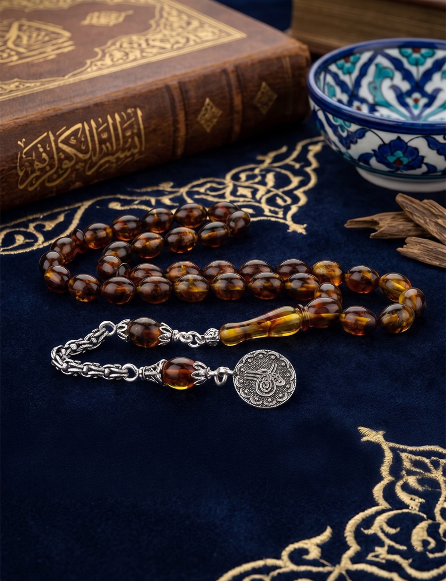 Tuğra Arpa Kesim Doğal Kehribar Tesbih / Gümüş İmame resmi