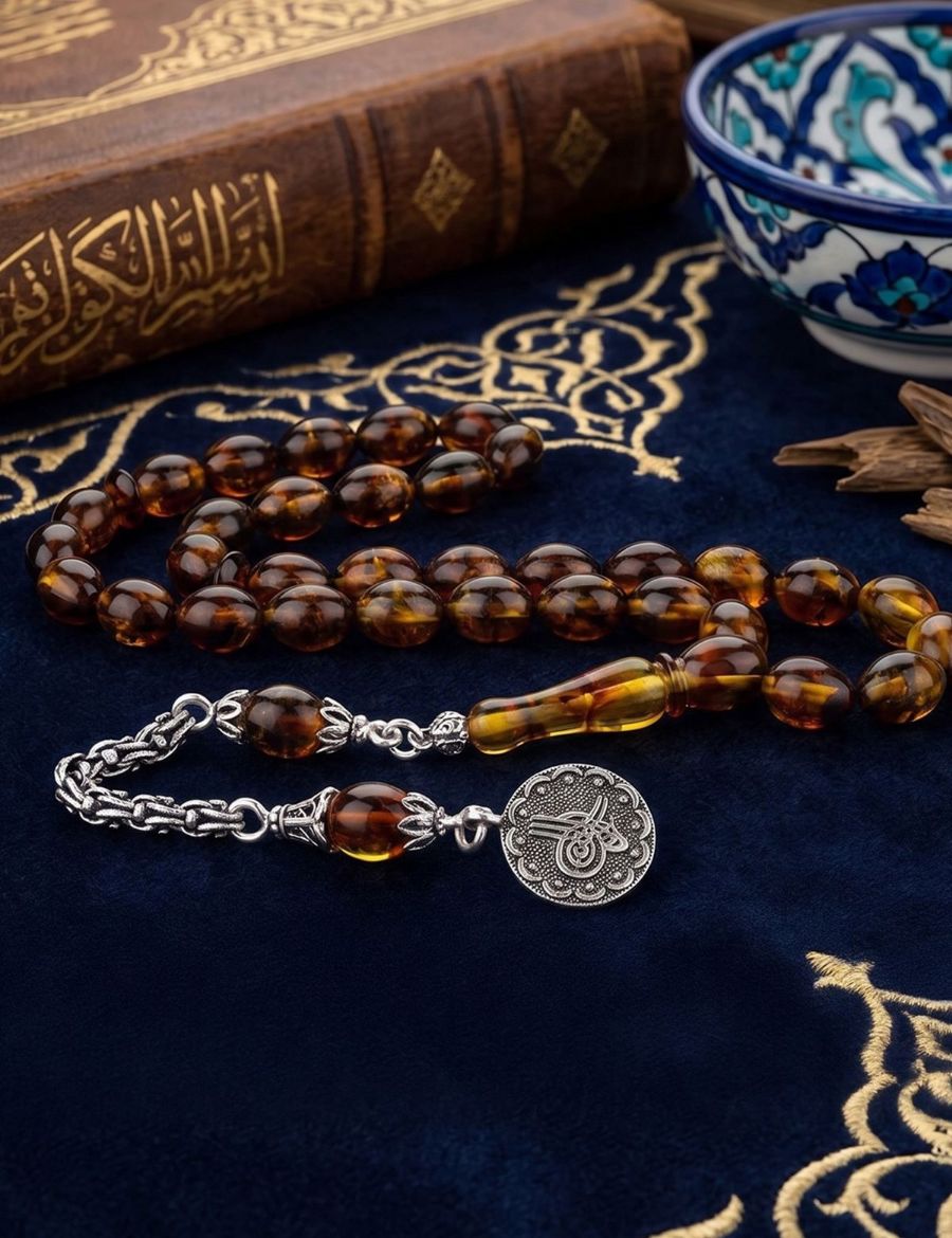 Tuğra Arpa Kesim Doğal Kehribar Tesbih / Gümüş İmame resmi