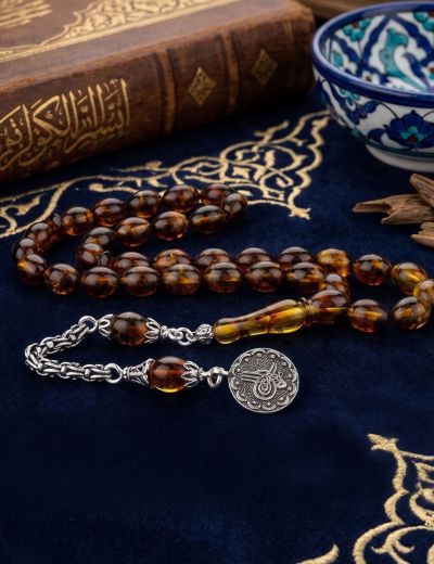 Tuğra Arpa Kesim Doğal Kehribar Tesbih / Gümüş İmame resmi