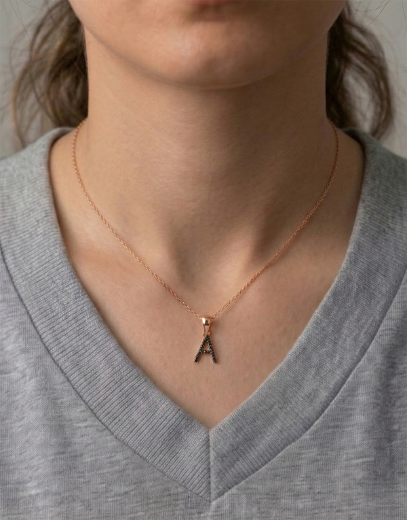 Siyah Pırlanta Harf Kolye / Büyük Boy resmi