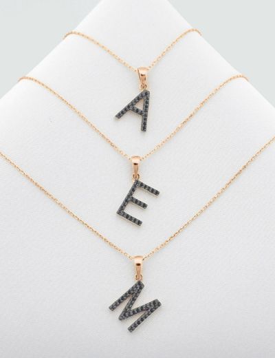 Siyah Pırlanta Harf Kolye / Büyük Boy resmi