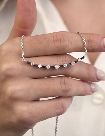 Baget Safir Yuvarlak Pırlanta Su Yolu Kolye resmi