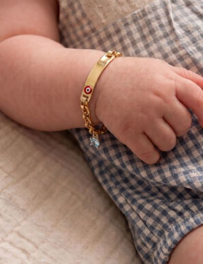 14 Ayar Altın Bebek Künye Bileklik-Kırmızı Göz Mineli Doç Zincir resmi
