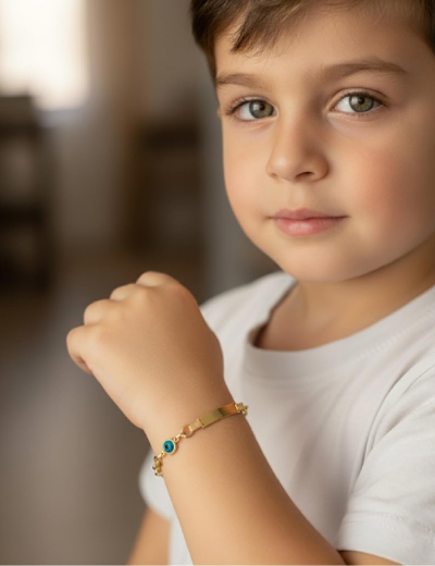 Göz Mineli Nazarlık Altın Çocuk Künye Bileklik resmi