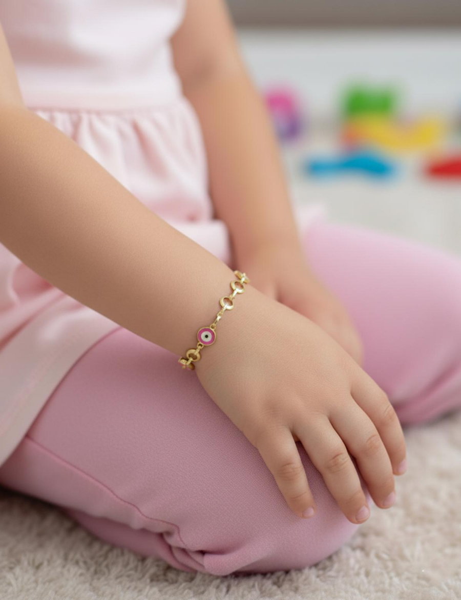 Pembe Mineli Göz Nazarlık Altın Çocuk Bileklik resmi