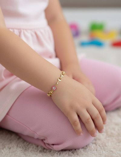 Pembe Mineli Göz Nazarlık Altın Çocuk Bileklik resmi