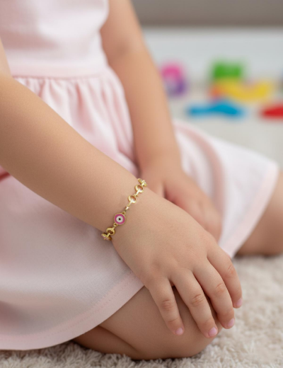 Pembe Mineli Göz Nazarlık Altın Çocuk Bileklik resmi