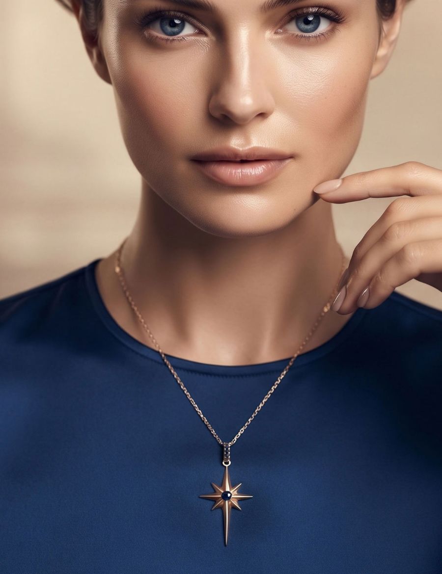 Doğal Safir Kuzey Yıldızı 14 Ayar Altın Kolye - Rose Gold resmi