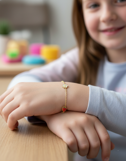 Altın Mineli Çocuk Bilekliği - Kiraz, Papatya, Çilek Figürlü resmi
