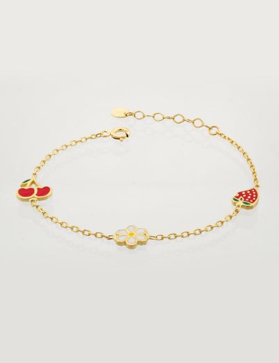 Altın Mineli Çocuk Bilekliği - Kiraz, Papatya, Çilek Figürlü resmi