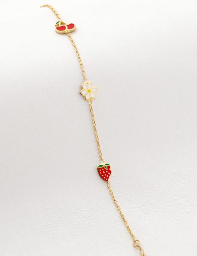 Altın Mineli Çocuk Bilekliği - Kiraz, Papatya, Çilek Figürlü resmi