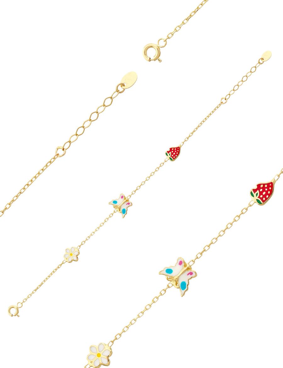 Altın Mineli Çocuk Bilekliği - Papatya, Kelebek, Çilek Figürlü resmi
