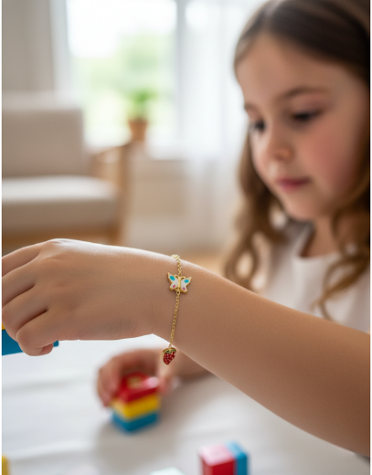 Altın Mineli Çocuk Bilekliği - Papatya, Kelebek, Çilek Figürlü resmi