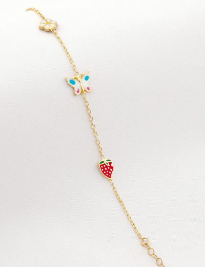 Altın Mineli Çocuk Bilekliği - Papatya, Kelebek, Çilek Figürlü resmi