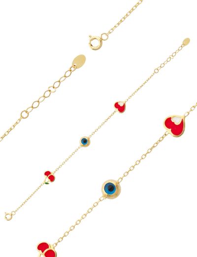 Altın Mineli Çocuk Bilekliği - Kiraz, Nazar boncuğu, Kalp Figürlü resmi