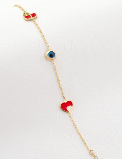 Altın Mineli Çocuk Bilekliği - Kiraz, Nazar boncuğu, Kalp Figürlü resmi