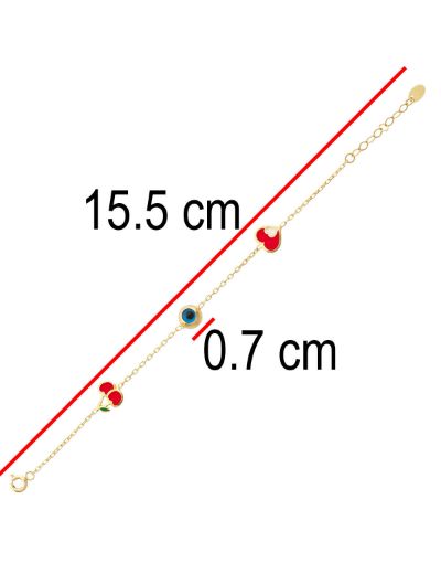 Altın Mineli Çocuk Bilekliği - Kiraz, Nazar boncuğu, Kalp Figürlü resmi