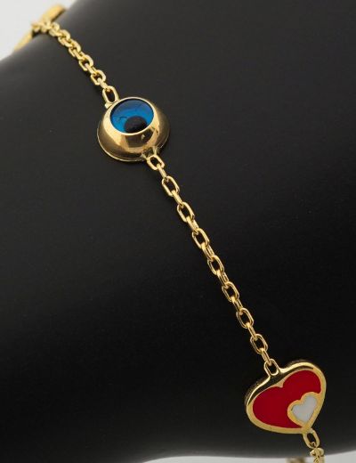 Altın Mineli Çocuk Bilekliği - Kiraz, Nazar boncuğu, Kalp Figürlü resmi