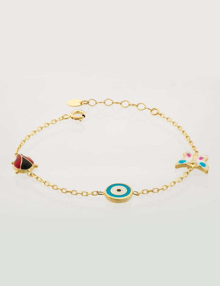 Altın Mineli Çocuk Bilekliği - Uğur Böceği, Nazar Gözü, Kelebek Figürlü resmi