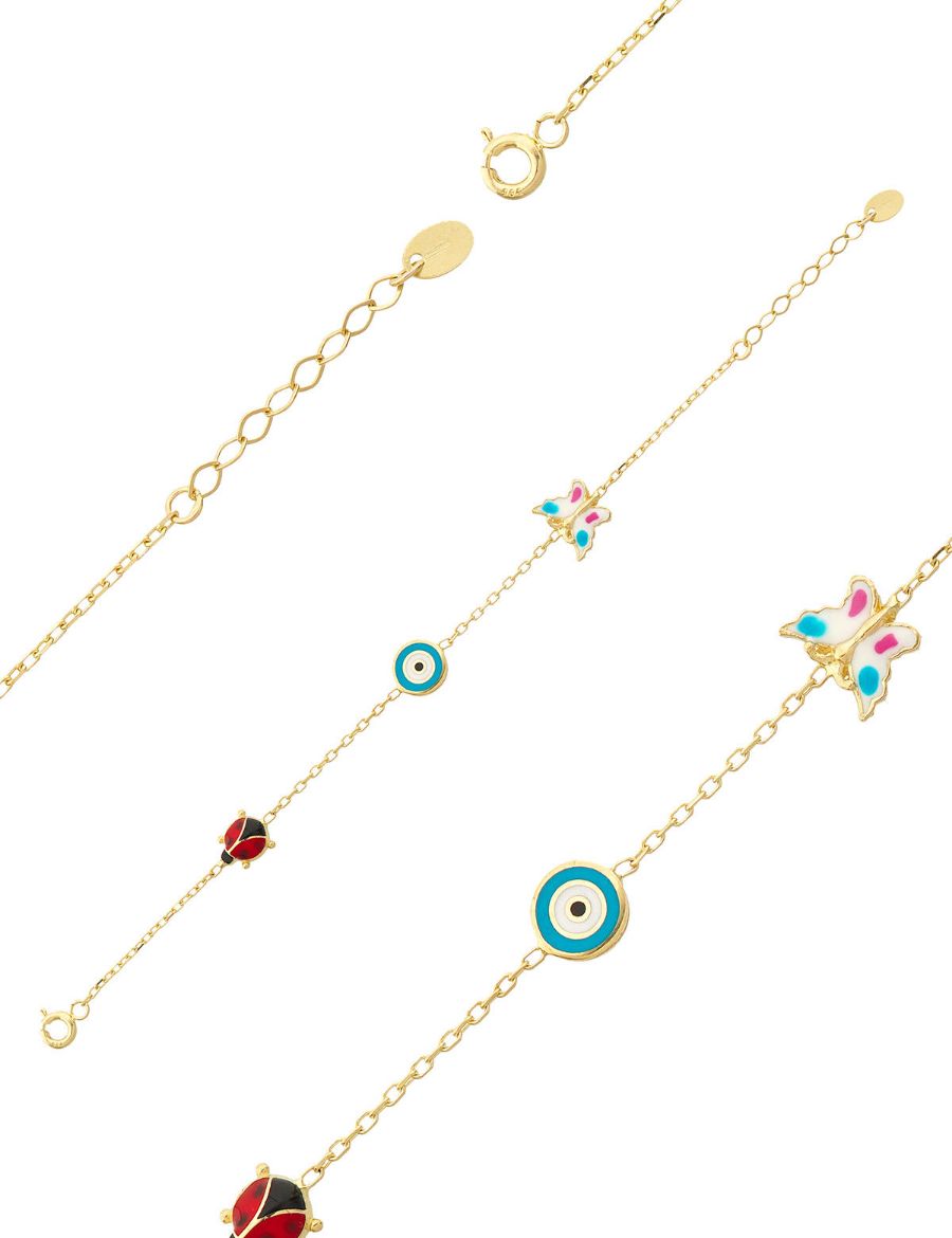 Altın Mineli Çocuk Bilekliği - Uğur Böceği, Nazar Gözü, Kelebek Figürlü resmi