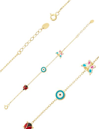 Altın Mineli Çocuk Bilekliği - Uğur Böceği, Nazar Gözü, Kelebek Figürlü resmi