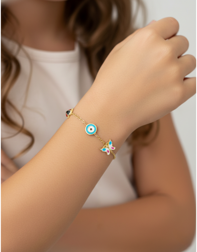 Altın Mineli Çocuk Bilekliği - Uğur Böceği, Nazar Gözü, Kelebek Figürlü resmi