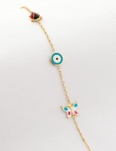 Altın Mineli Çocuk Bilekliği - Uğur Böceği, Nazar Gözü, Kelebek Figürlü resmi