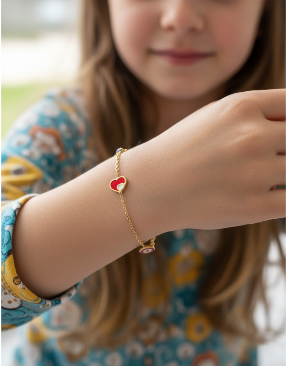 Altın Mineli Çocuk Bilekliği - Uğur Böceği, Kalp, Nazar Gözü resmi
