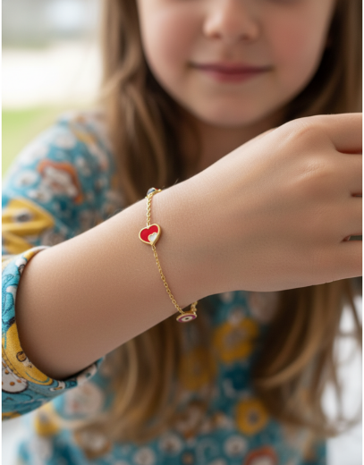 Altın Mineli Çocuk Bilekliği - Uğur Böceği, Kalp, Nazar Gözü resmi